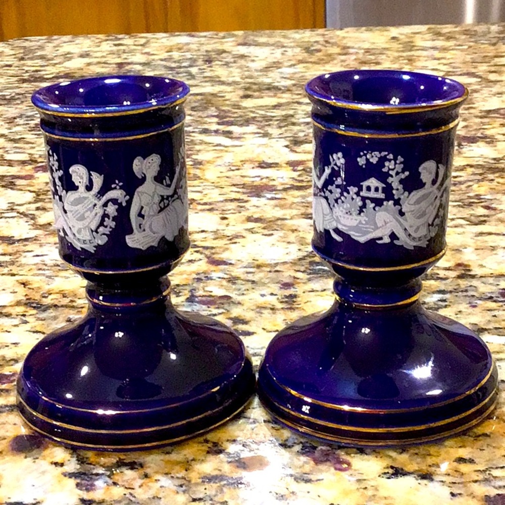 Pair Greek Cobalt Blue candlesticks